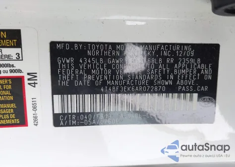 2010 Toyota Camry Le z USA, uszkodzony, nr VIN 4T4BF3EK6AR072870